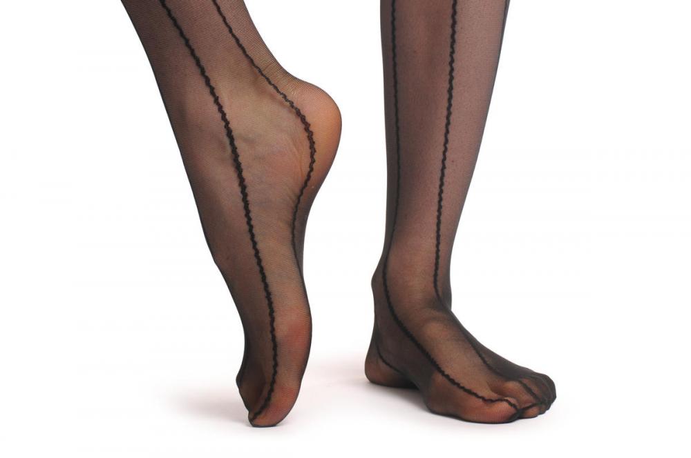 Liss Kiss Black With Thing Opaque Stripes & Faux Garter - Tights