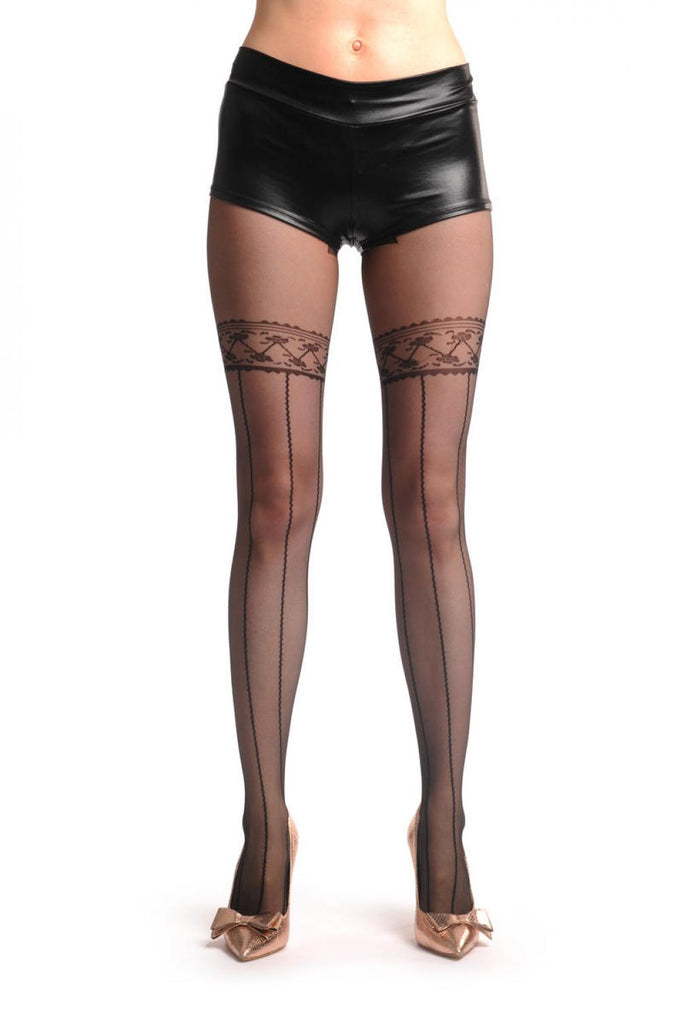 Liss Kiss Black With Thing Opaque Stripes & Faux Garter - Tights