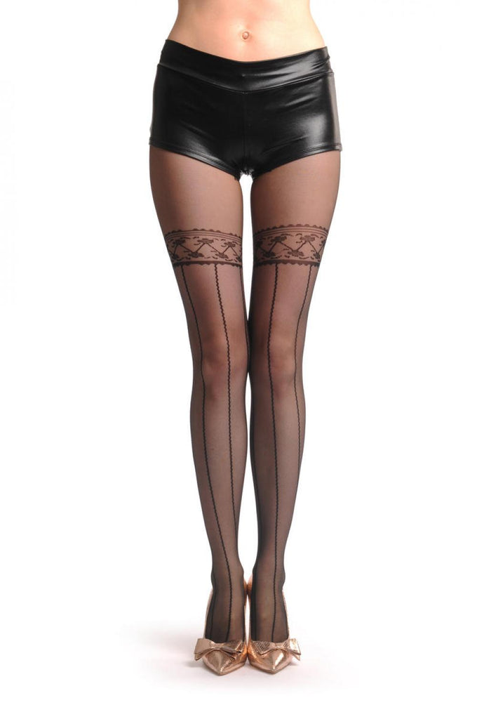 liss kiss Black With Thing Opaque Stripes & Faux Garter - Tights
