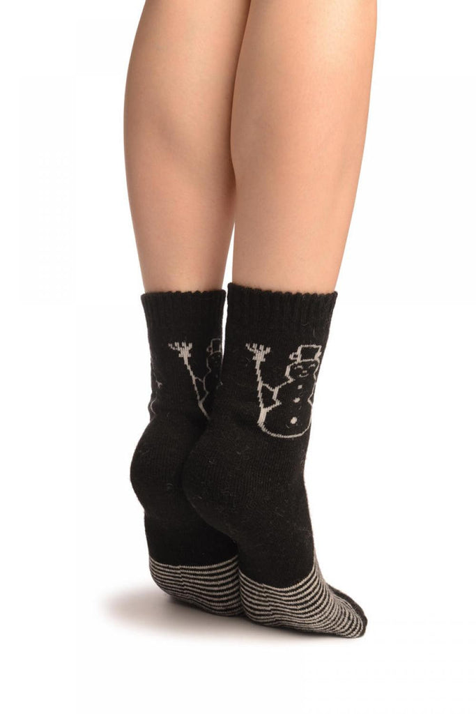Liss Kiss Black With Thing Stripes & Snowman Angora Ankle High Socks - Socks