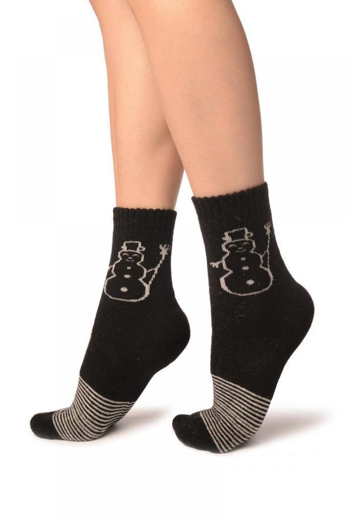 Liss Kiss Black With Thing Stripes & Snowman Angora Ankle High Socks - Socks