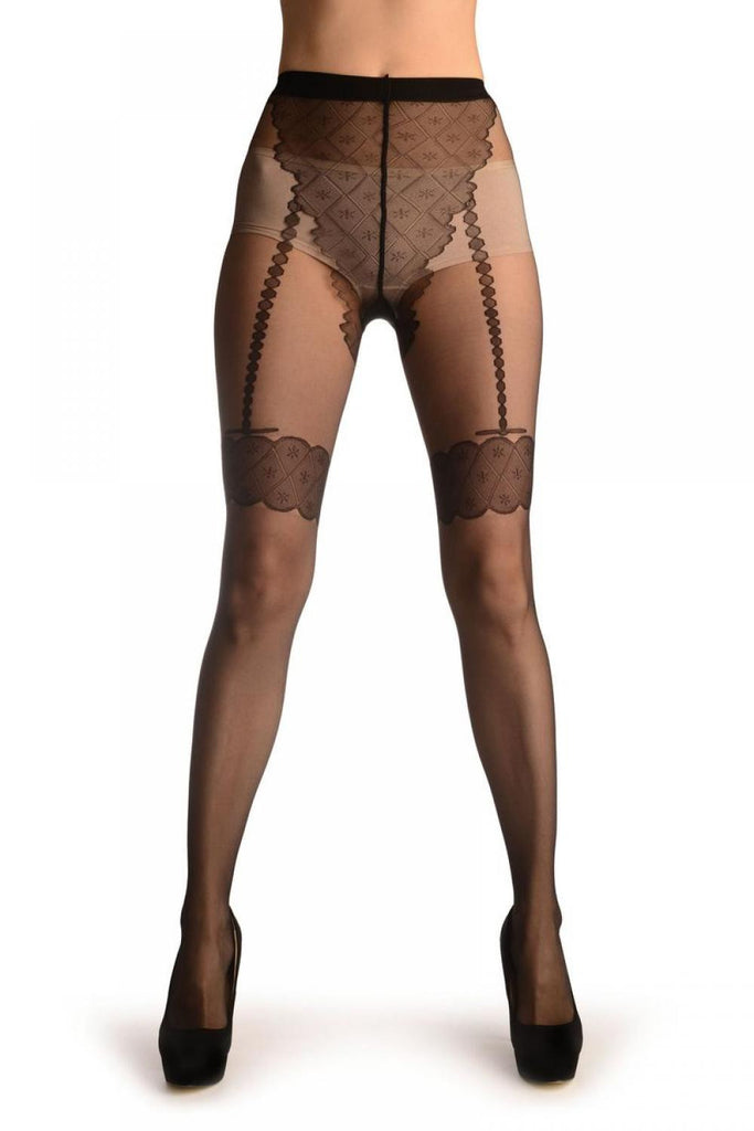 Liss Kiss Black With Tile Lace Top & Faux Pearl Suspenders - Tights