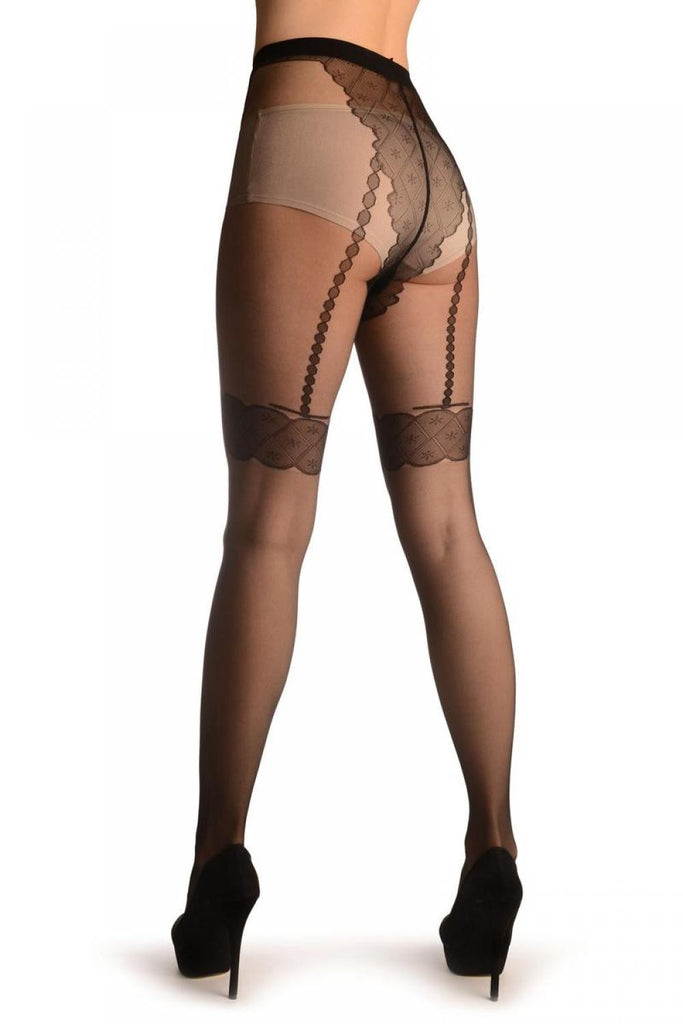 Liss Kiss Black With Tile Lace Top & Faux Pearl Suspenders - Tights