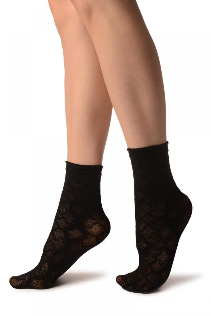 Liss Kiss Black With Transparent Diamonds Ankle High Socks - Socks