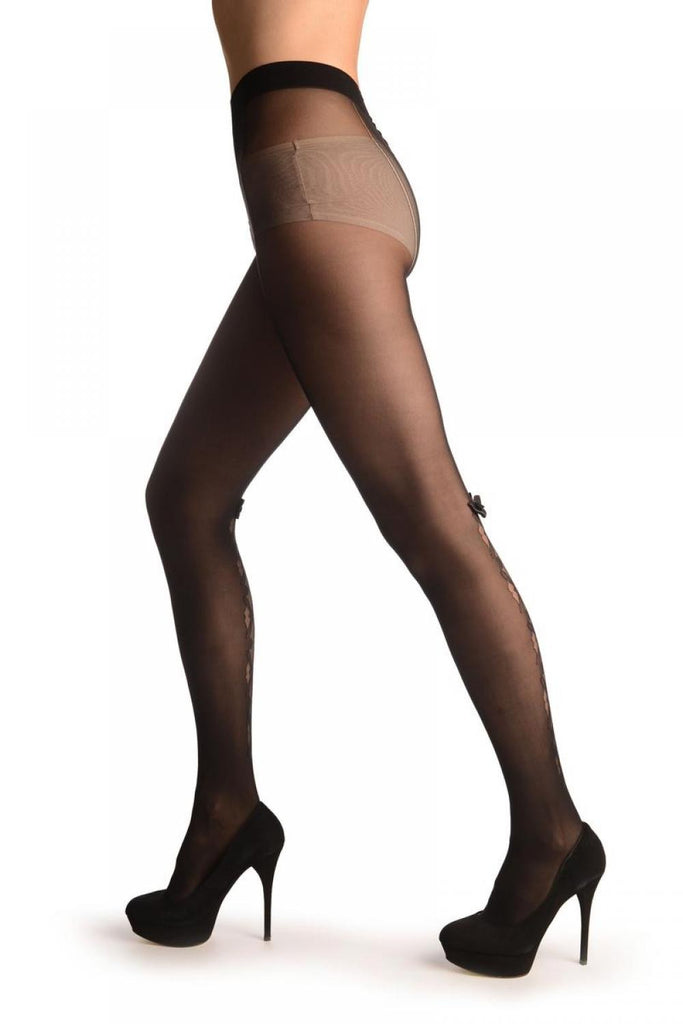 Liss Kiss Black With Transparent Lace Up Seam & Bow - Tights