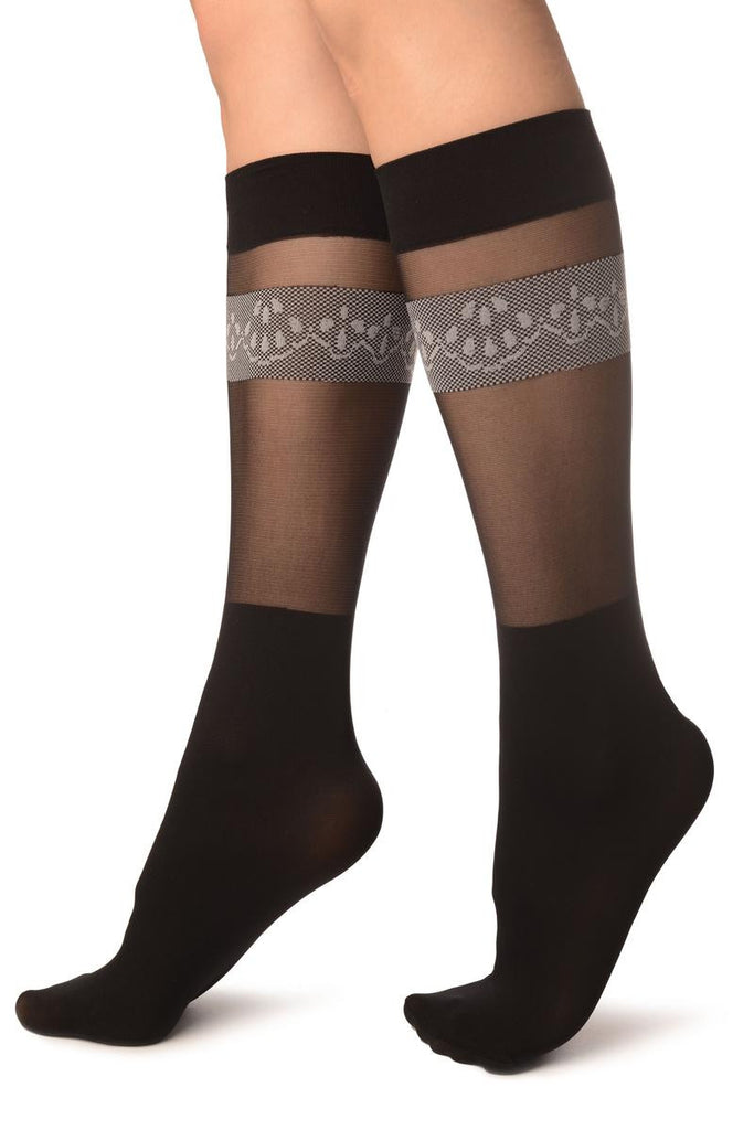 Liss Kiss Black With Transparent Top & Floral Stripe Socks Knee High - Socks
