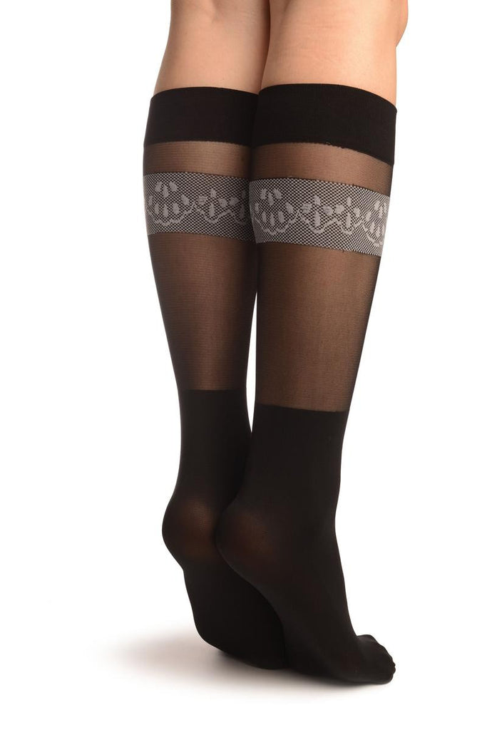 Liss Kiss Black With Transparent Top & Floral Stripe Socks Knee High - Socks