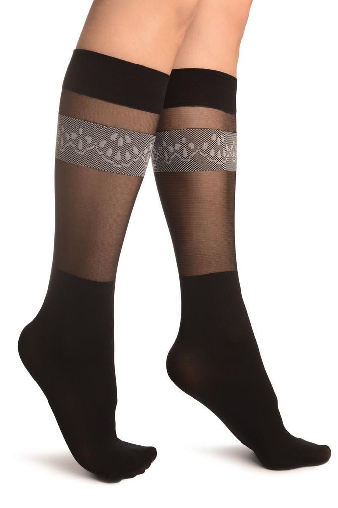 liss kiss Black With Transparent Top & Floral Stripe Socks Knee High - Socks