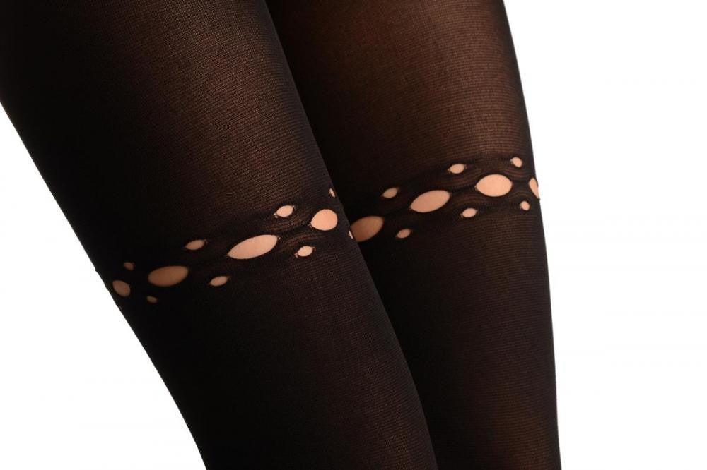 Liss Kiss Black With Triple Key Holes Seam & Garter - Tights