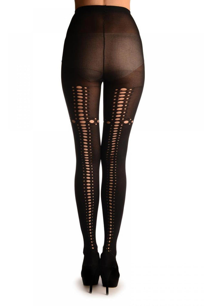 Liss Kiss Black With Triple Key Holes Seam & Garter - Tights