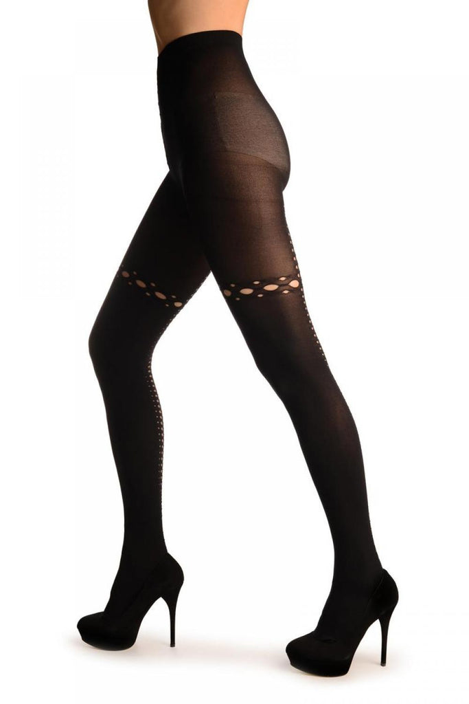 Liss Kiss Black With Triple Key Holes Seam & Garter - Tights