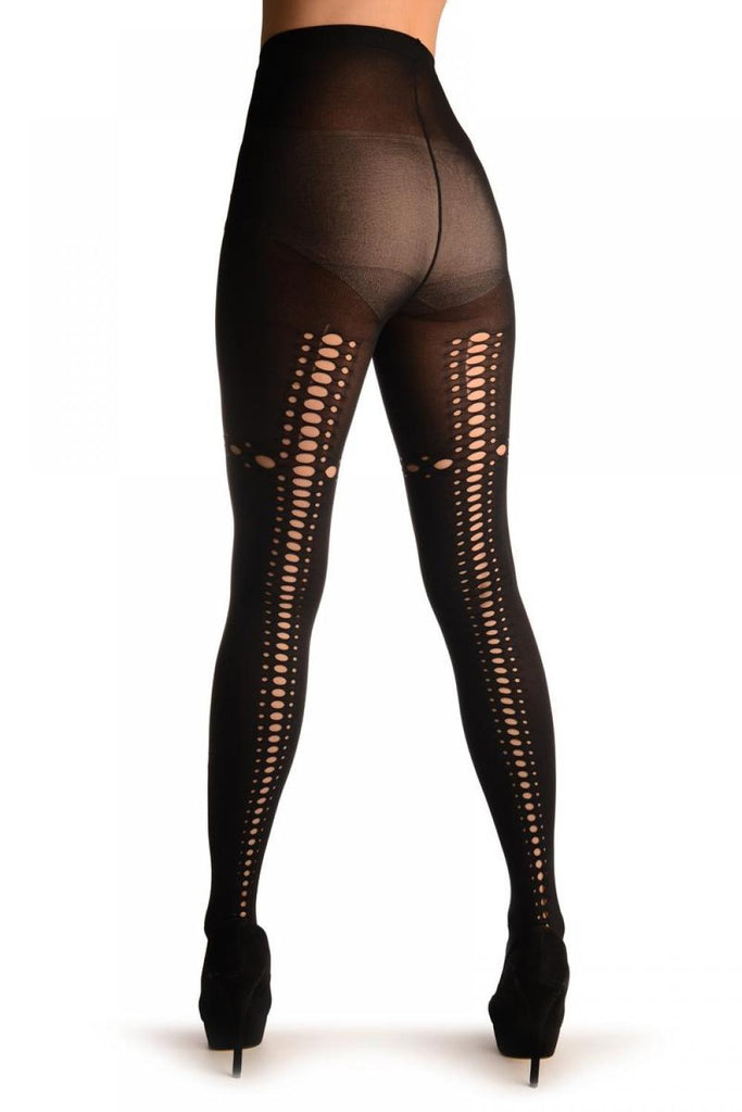 liss kiss Black With Triple Key Holes Seam & Garter - Tights