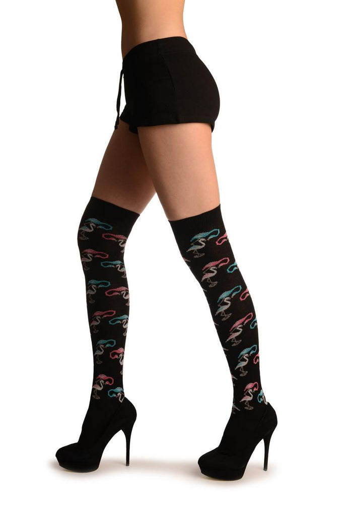 Liss Kiss Black With White Blue & Pink Flamingos - Over The Knee Socks