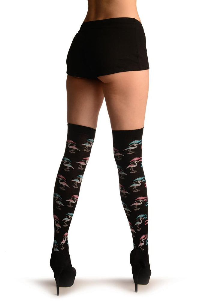 Liss Kiss Black With White Blue & Pink Flamingos - Over The Knee Socks