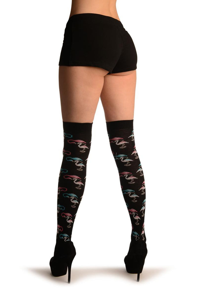 Liss Kiss Black With White Blue & Pink Flamingos - Over The Knee Socks