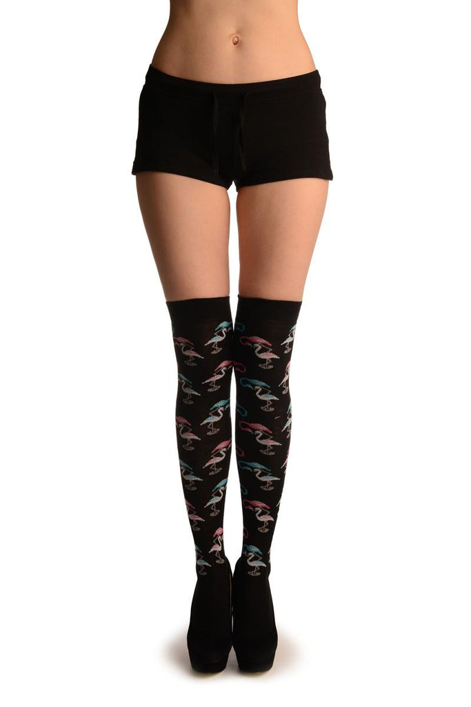 liss kiss Black With White Blue & Pink Flamingos - Over The Knee Socks