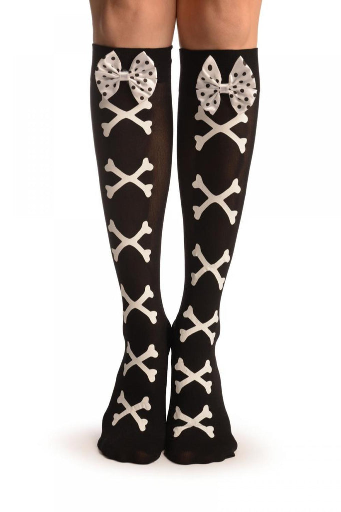 liss kiss Black With White Crossbones & Satin Bow Socks Knee High - Socks