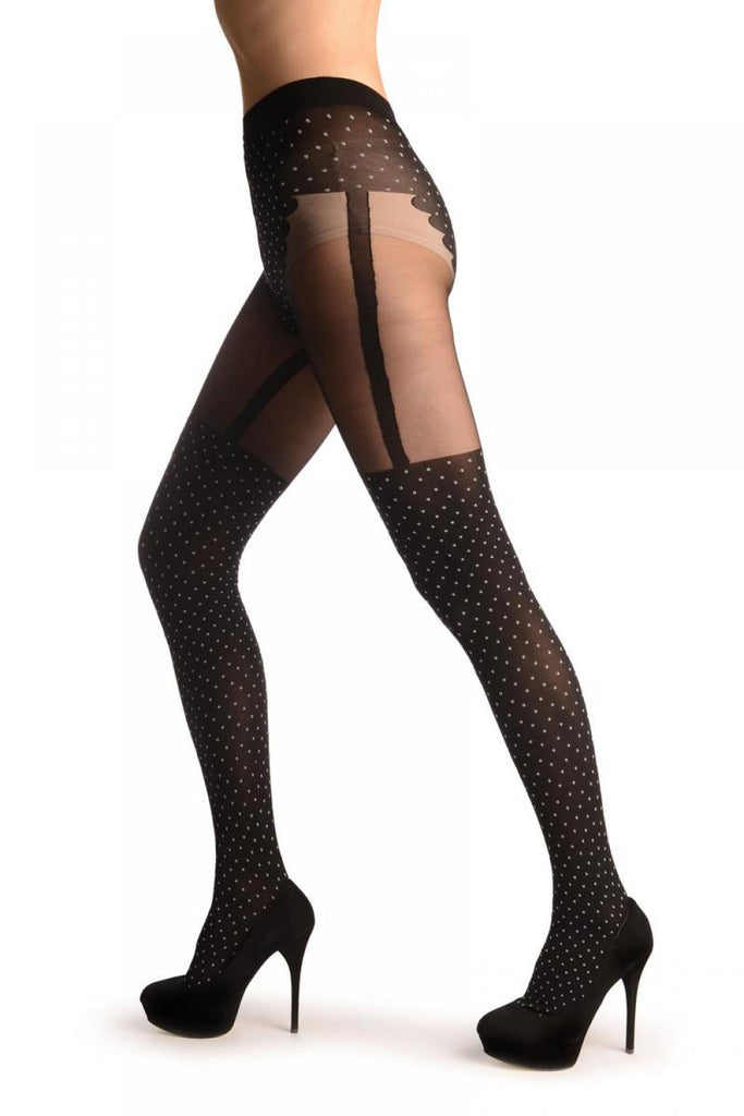 Liss Kiss Black With White Dots & Faux Suspenders - Tights