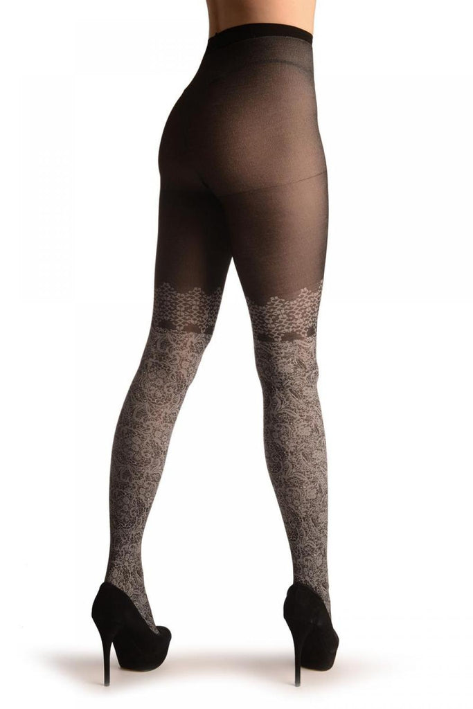 Liss Kiss Black With White Floral Faux Stockings - Tights