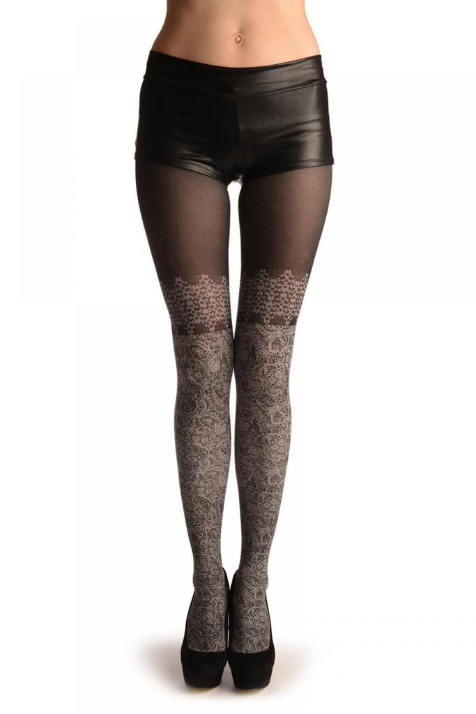 liss kiss Black With White Floral Faux Stockings - Tights