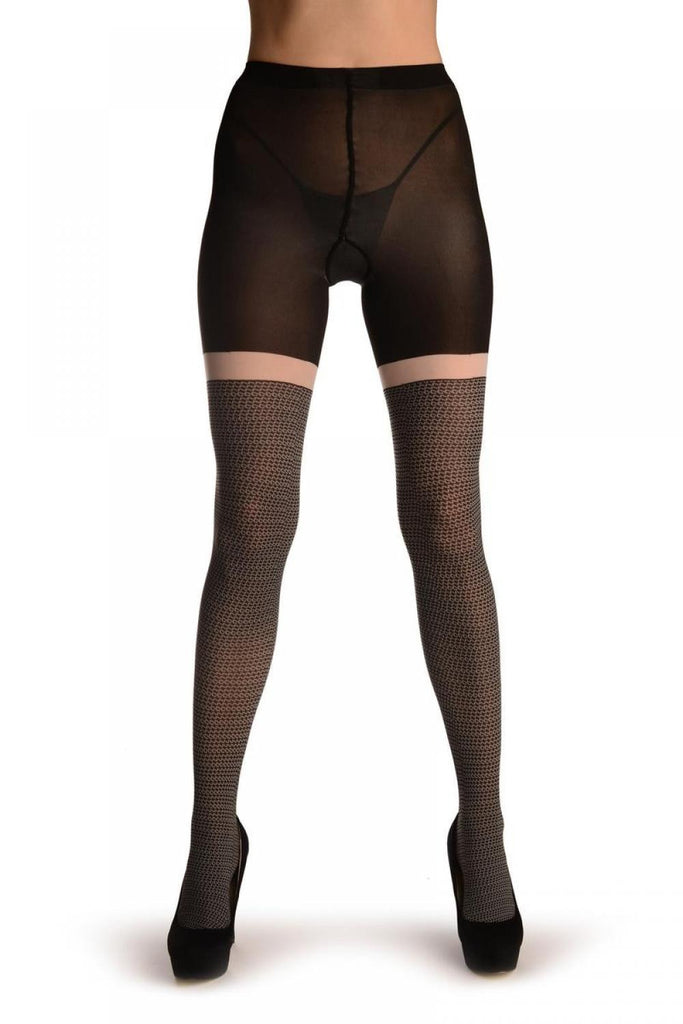 Liss Kiss Black With White Horizontal ZigZag & White Garter - Tights