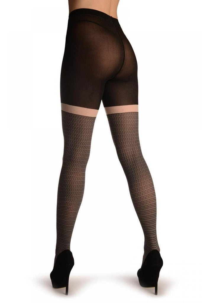 Liss Kiss Black With White Horizontal ZigZag & White Garter - Tights