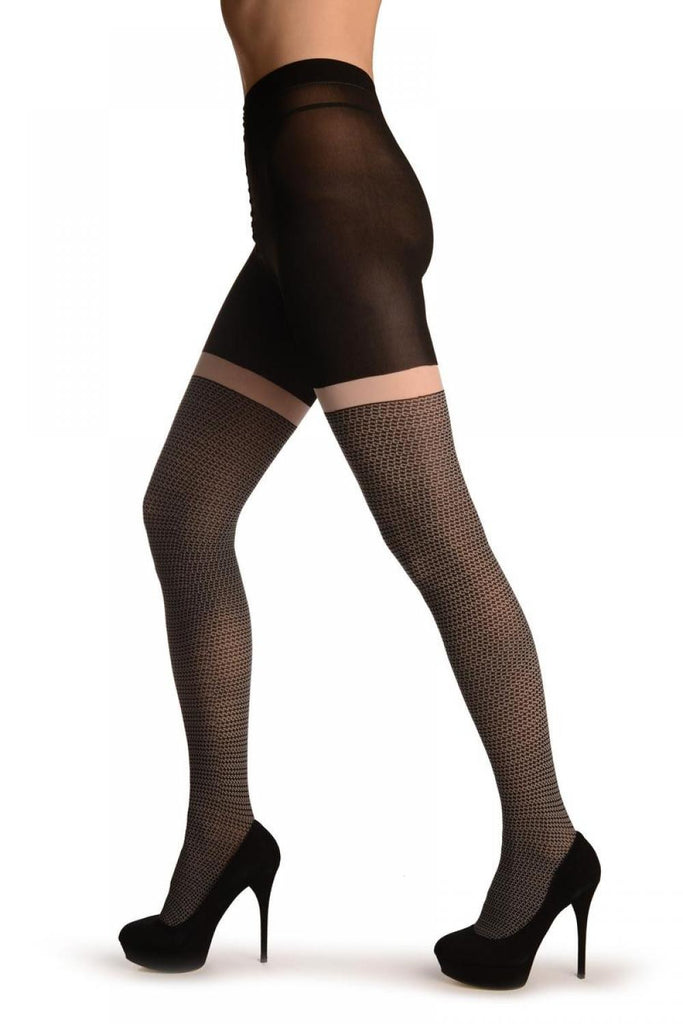 Liss Kiss Black With White Horizontal ZigZag & White Garter - Tights