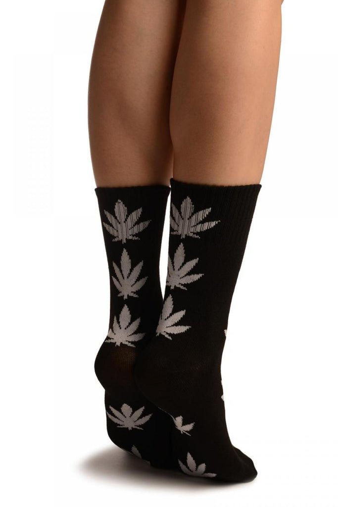 Liss Kiss Black With White Leaves Ankle High Socks - Socks