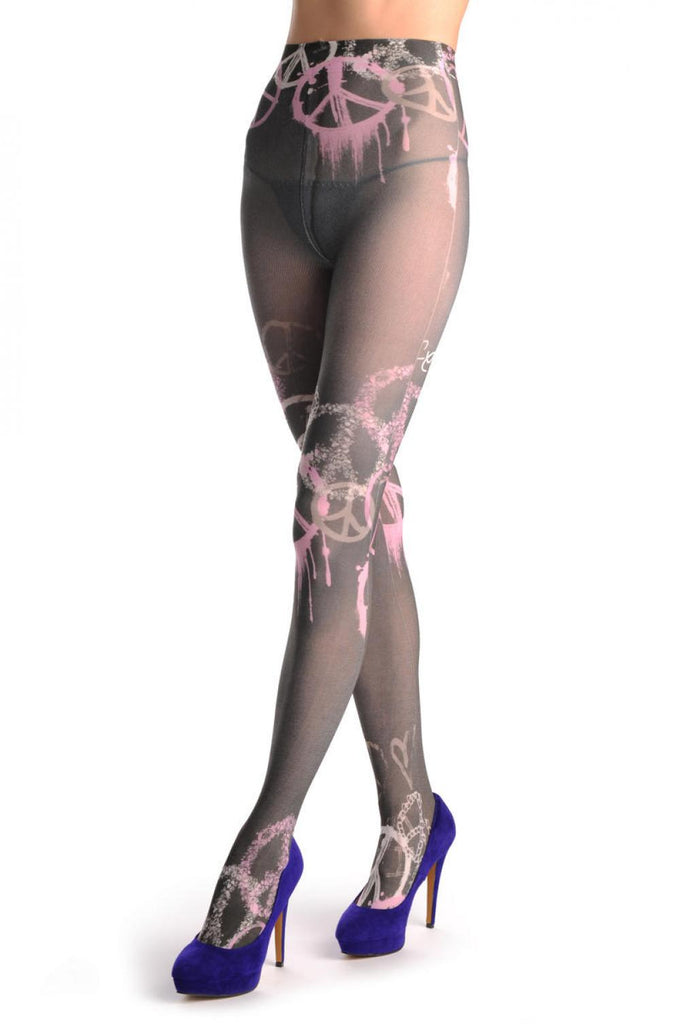 Liss Kiss Black With White & Pink Peace Prints - Tights
