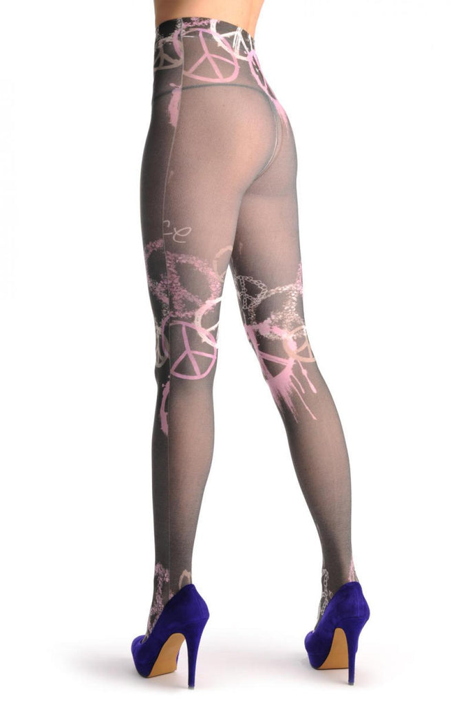 Liss Kiss Black With White & Pink Peace Prints - Tights