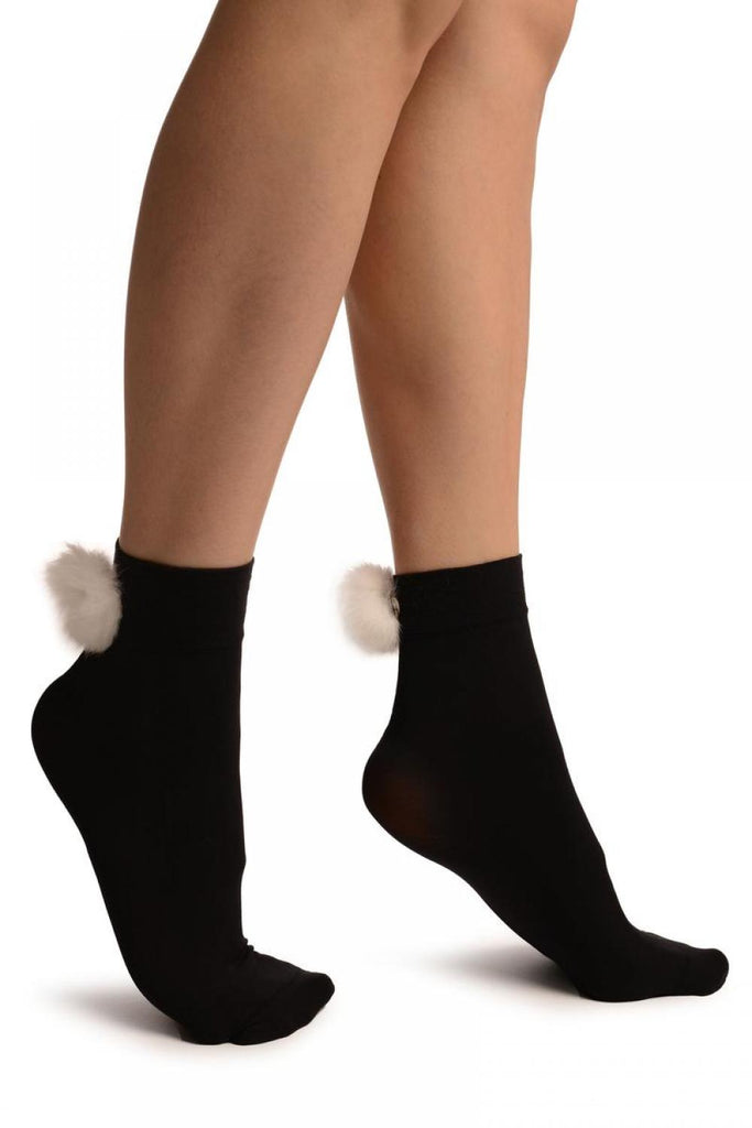Liss Kiss Black With White Pon Pon Rabbit Fur Ankle High Socks - Socks