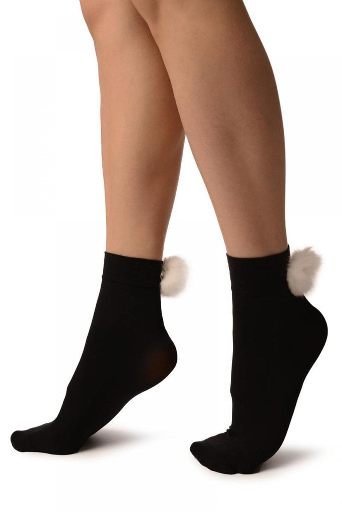 Liss Kiss Black With White Pon Pon Rabbit Fur Ankle High Socks - Socks