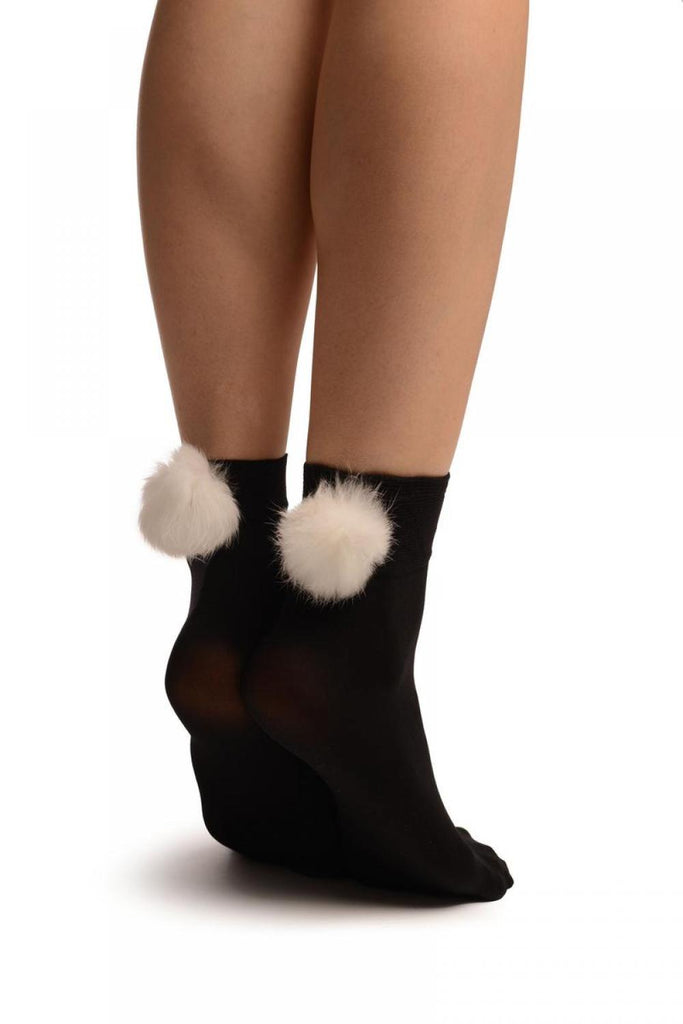 liss kiss Black With White Pon Pon Rabbit Fur Ankle High Socks - Socks