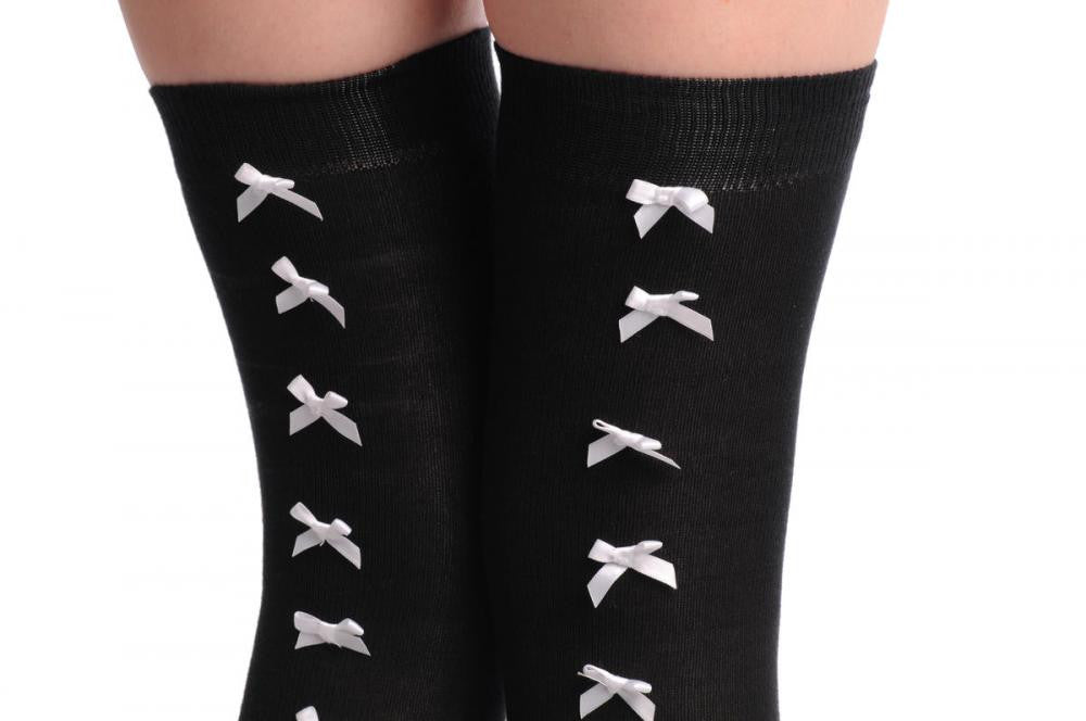 Liss Kiss Black With White Satin Bows At The Back - Over The Knee Socks