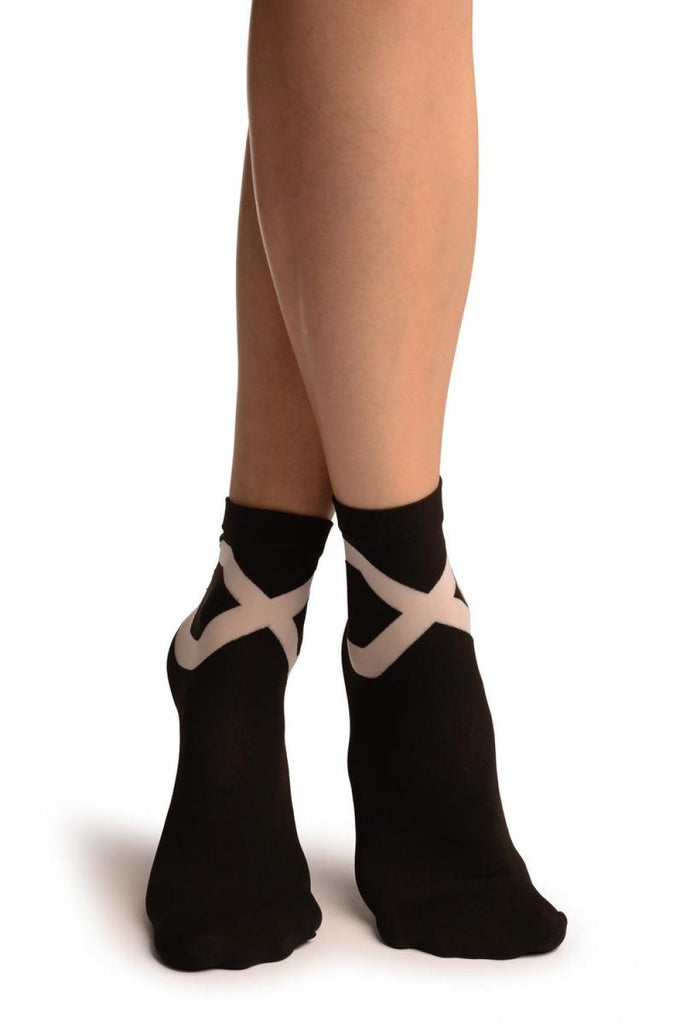 liss kiss Black With White Sheer Criss-Cross Ankle High Socks - Socks