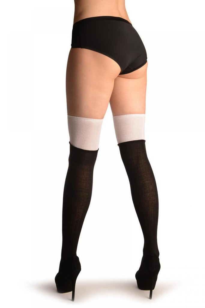 Liss Kiss Black With White Top & Black Satin Bow - Over The Knee Socks
