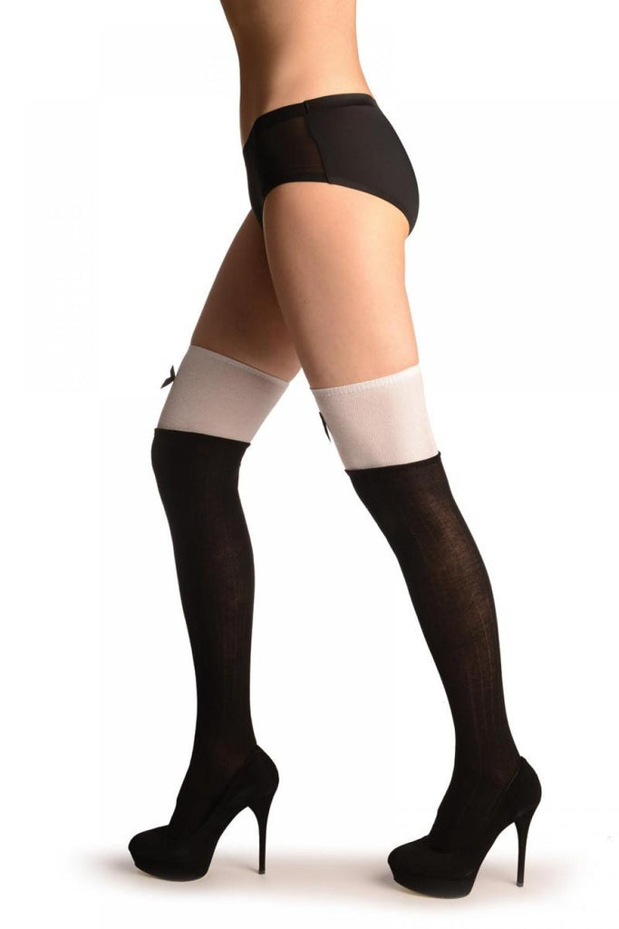 Liss Kiss Black With White Top & Black Satin Bow - Over The Knee Socks