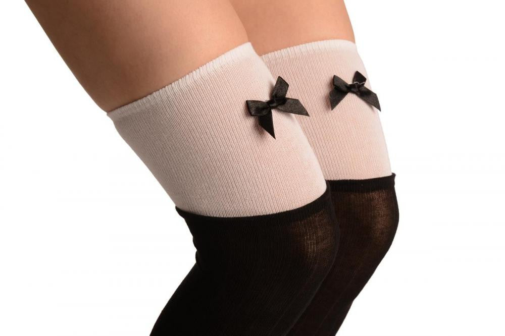 Liss Kiss Black With White Top & Black Satin Bow - Over The Knee Socks