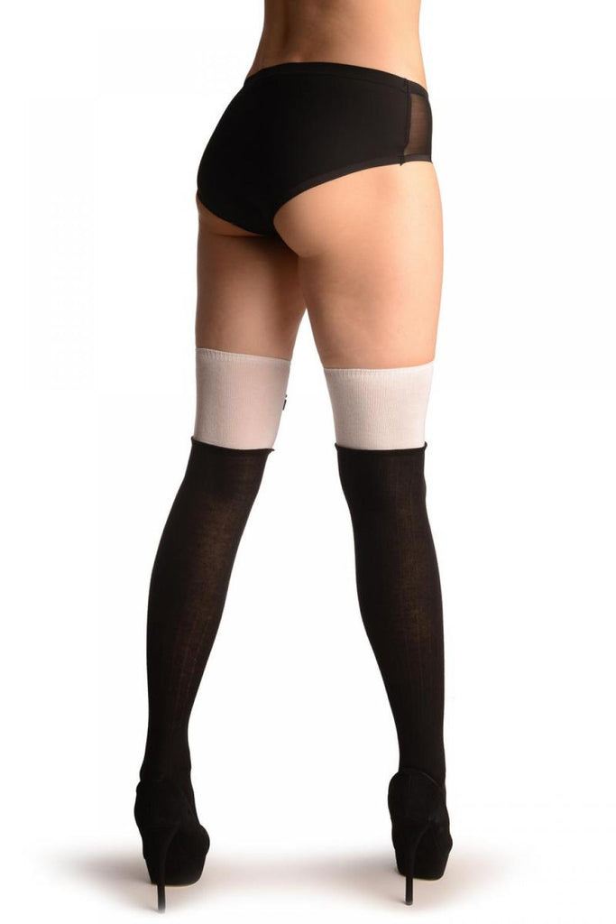 Liss Kiss Black With White Top & Black Satin Bow - Over The Knee Socks