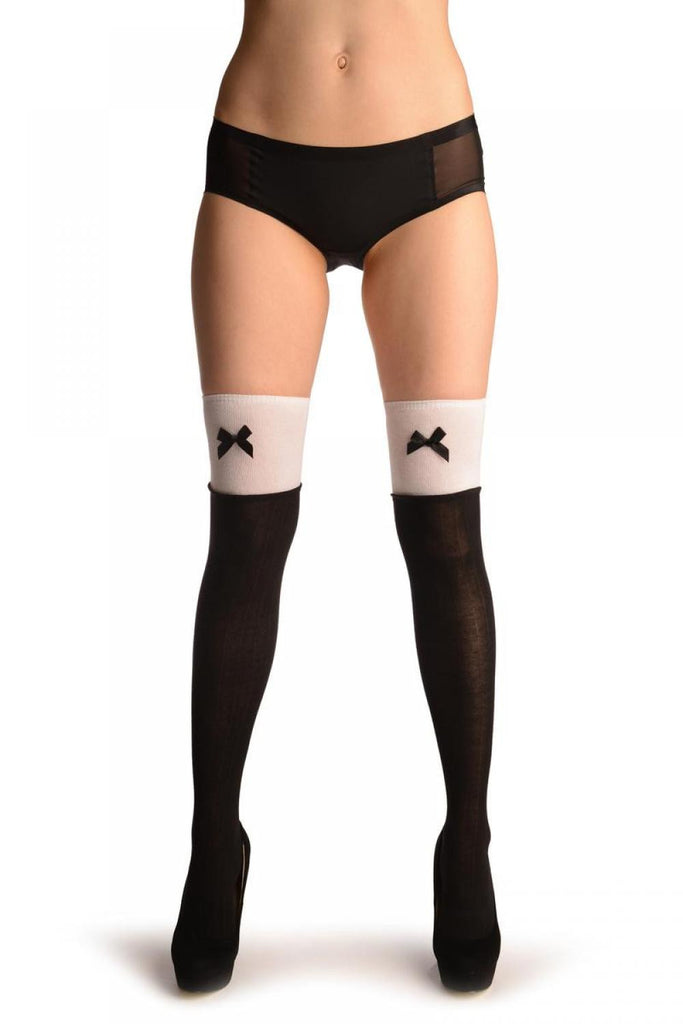 liss kiss Black With White Top & Black Satin Bow - Over The Knee Socks