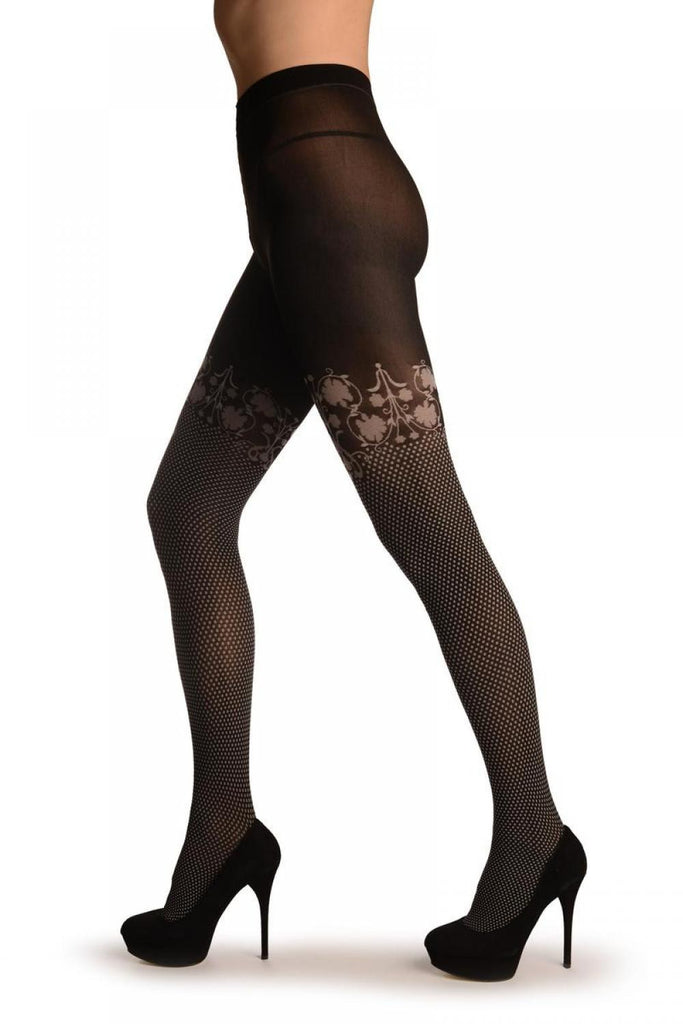 Liss Kiss Black With White Woven Dots & Floral Garter - Tights