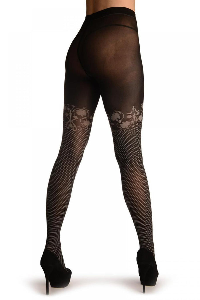 Liss Kiss Black With White Woven Dots & Floral Garter - Tights