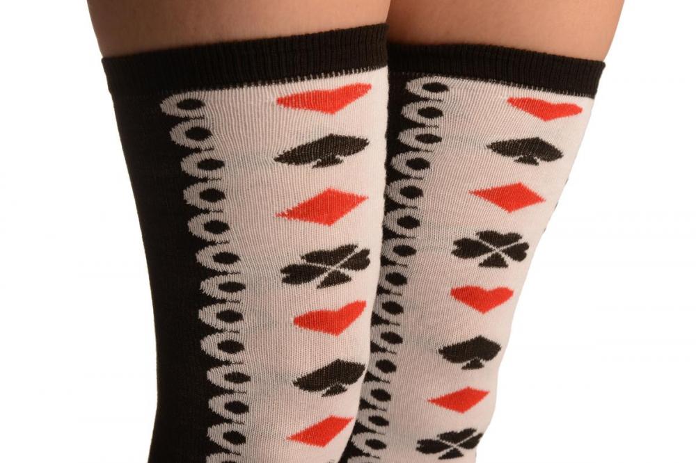 Liss Kiss Black With White Woven Poker Suit Stripe - Over The Knee Socks