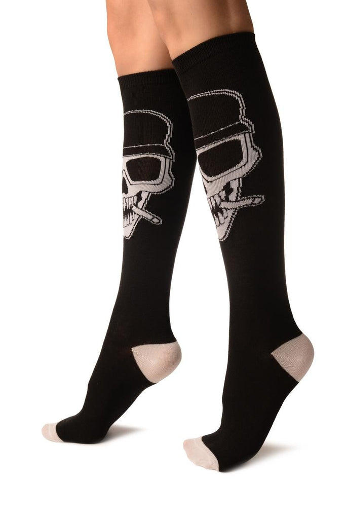Liss Kiss Black With White Woven Smoking Skull (Halloween) - Socks