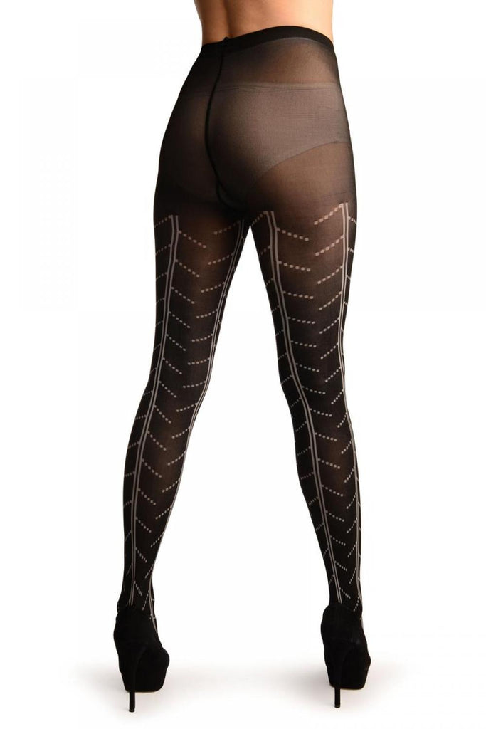 Liss Kiss Black With White Woven Tires Inprint Pattern Tights - Tights