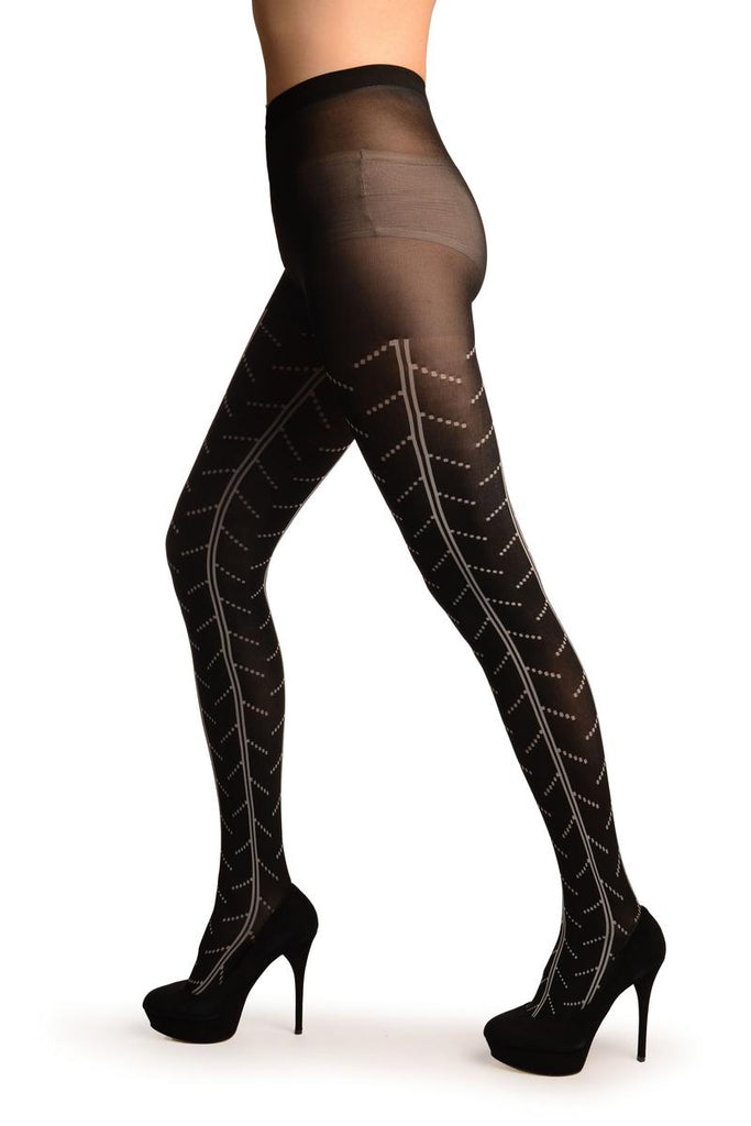 Liss Kiss Black With White Woven Tires Inprint Pattern Tights - Tights