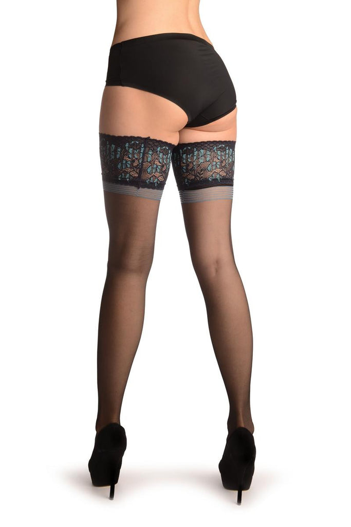 Liss Kiss Black With Wide Floral Blue Silicon Garter - Hold Ups