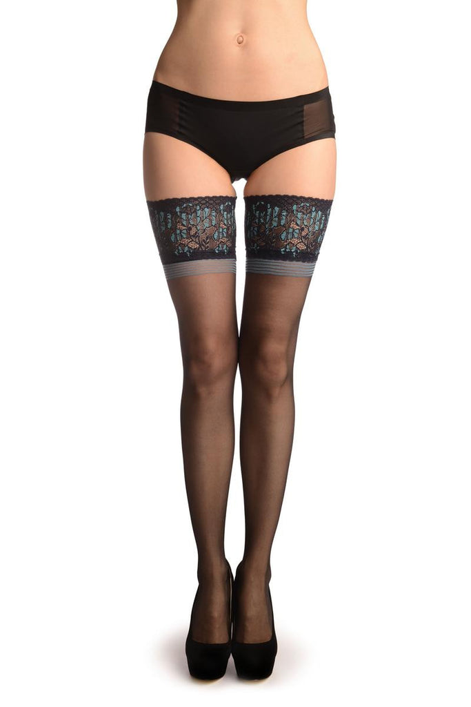 liss kiss Black With Wide Floral Blue Silicon Garter - Hold Ups