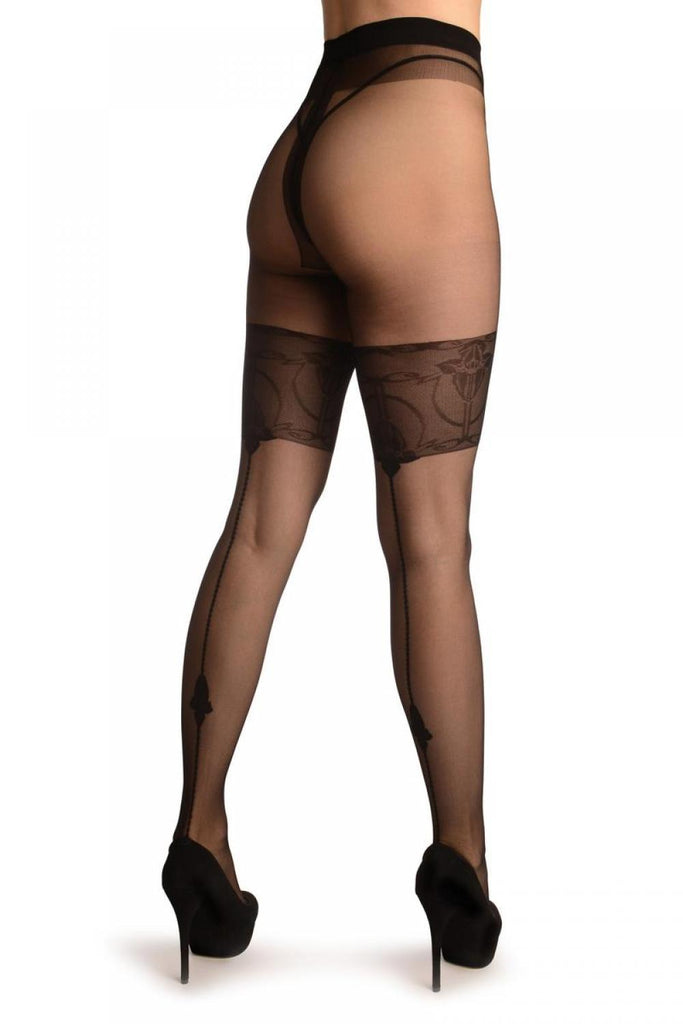 Liss Kiss Black With Wide Floral Garter & Geometrical Seam - Tights