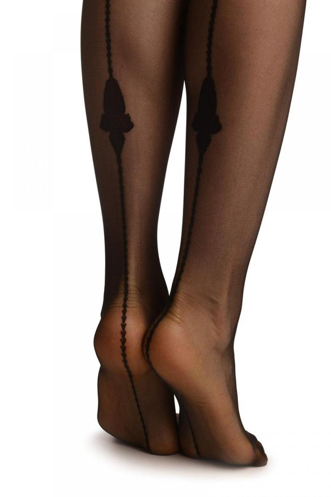 Liss Kiss Black With Wide Floral Garter & Geometrical Seam - Tights